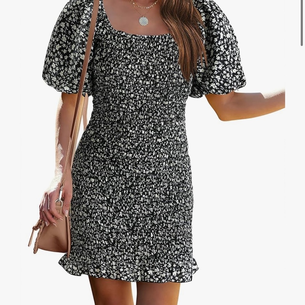 PrettyGarden Black and White Puff Sleeve Mini Dress